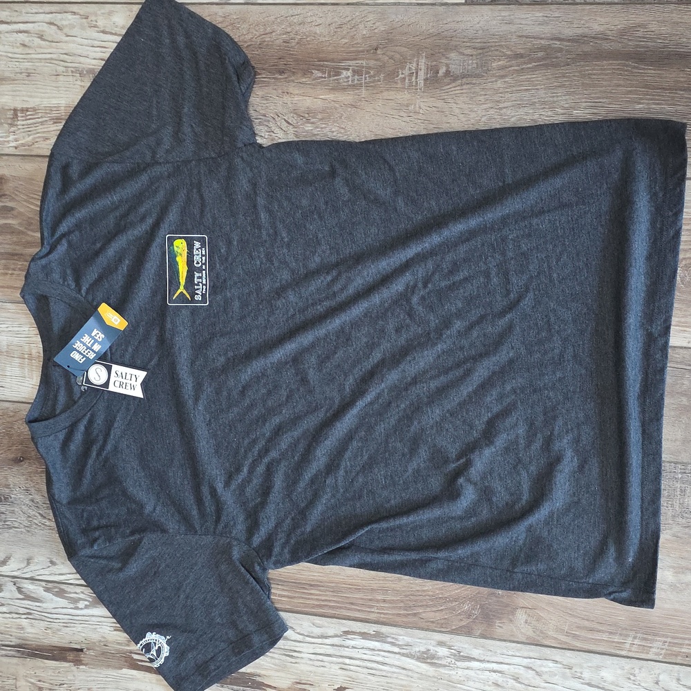 NWT Men's Salty Crew S/S Black Heather T-Shirt. Graphic Of Mahi Sea Fish. Size L